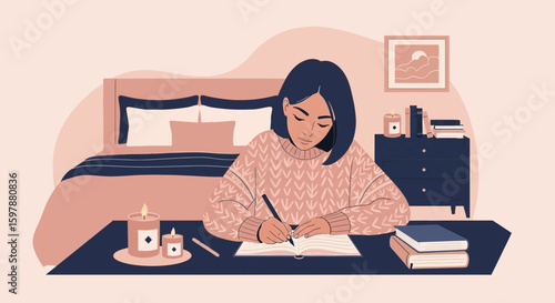 Young Woman Writing Journal At Home With Cozy Atmosphere In Bedroom