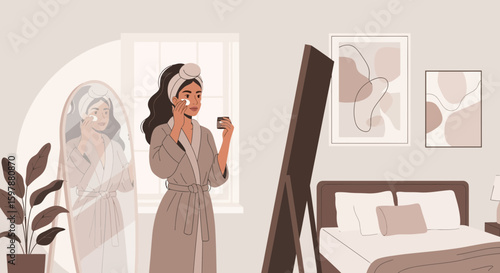 Morning Skincare Routine Girl Applying Moisturizer in Cozy Bedroom