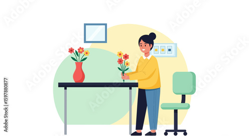 Woman Arranging Floral Display At Home In Bright And Cheerful Interior