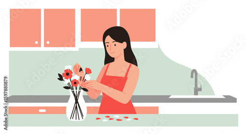 Woman Arranging Flowers Creating a Fresh Bouquet in Kitchen Minimalist Style