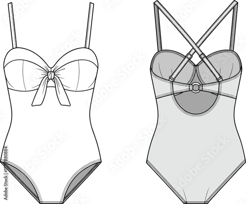 Women’s swimsuit with tie front, strappy back detail, lingerie style bodysuit sketch, fashion cad design, flat technical vector drawing