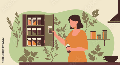 Woman Arranging Spices In Kitchen Cupboard Amidst Natural Herb Decorations