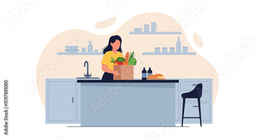 Woman Arriving Home From Shopping With Groceries In A Stylish Modern Kitchen