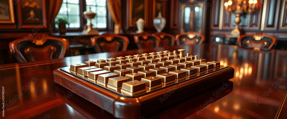 Obraz premium Gleaming brass keys rest on a polished mahogany table, surrounded by opulent decor, golden, metallic