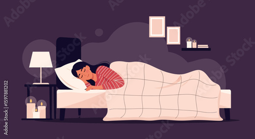 Woman Asleep Peacefully In Bed Surrounded By Soft Light In A Bedroom