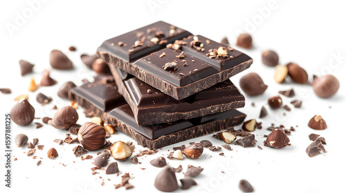A pile of chocolate bars and nuts on a white background