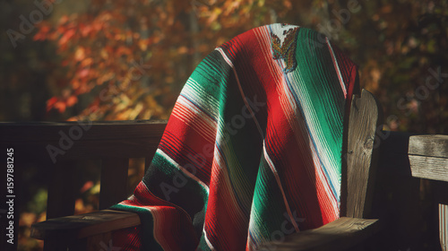 A traditional embroidered serape poncho in bold stripes of red, green, and white, draped over a rustic wooden chair with soft sunlight.