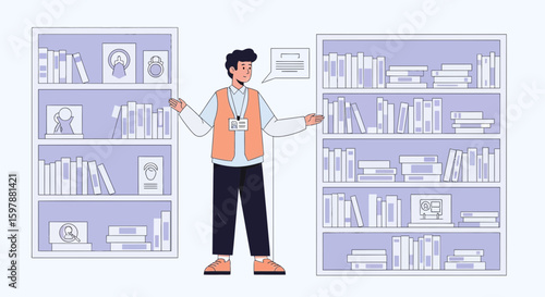 Museum Guide Explaining Artifacts And Library Books In An Informative Exposition