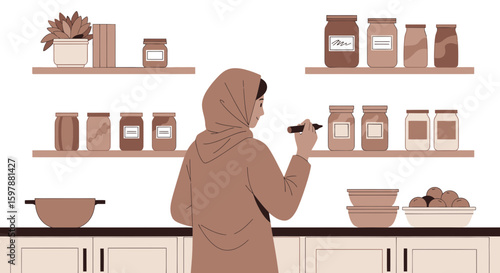 Muslim Woman Writes The Contents Of Food Jars On A Label In The Kitchen