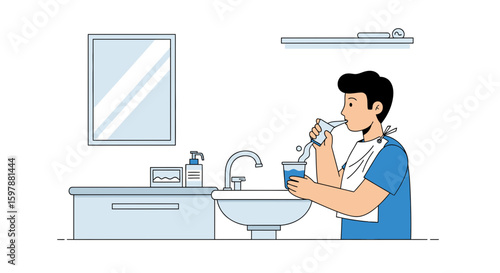 Nasal Rinse Routine Performed by Man in Bathroom Setting for Health Reasons