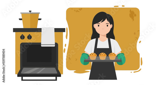 Woman Baking Delicious Cupcakes In The Kitchen Oven Preparation Vector Illustration