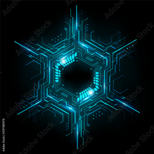 Futuristic hexagonal digital circuit pattern glowing with neon blue light on a dark background representing modern technology, vector illustration