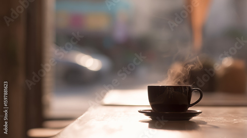 A steaming cup of coffee on a cafe table, warmed by morning sunlight.