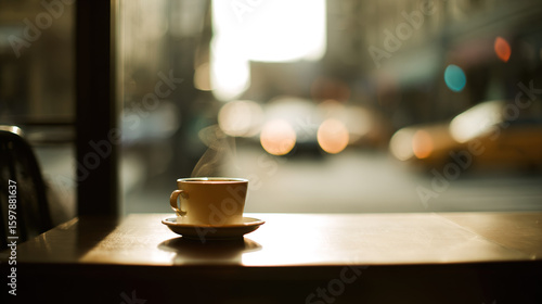 A steaming cup of coffee on a cafe table, warmed by morning sunlight.