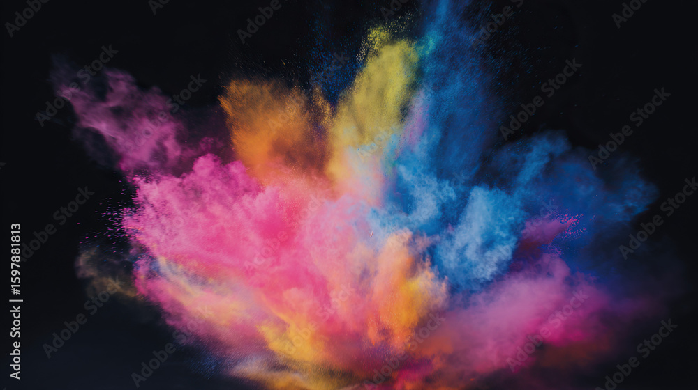 Fototapeta premium Swirling cloud of colorful powder mid-air, capturing dynamic motion in a festive celebration scene.
