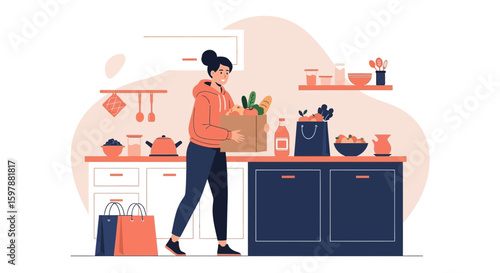Woman Carrying Groceries Into Her Kitchen After Shopping In The Market