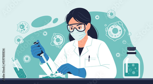 Scientist In Lab Coat Conducting Scientific Research With Cell Structures