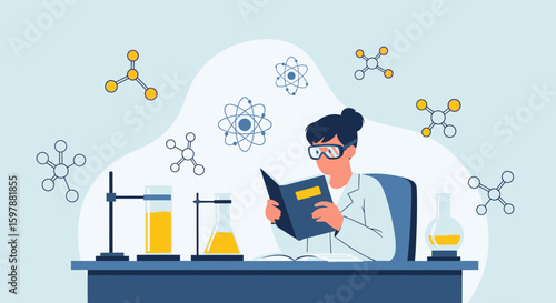 Woman Chemist Reading Research Book In Laboratory Setting With Molecules