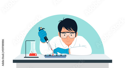 Scientist In Laboratory Conducts Experiment With Precision Pipette And Test Tubes