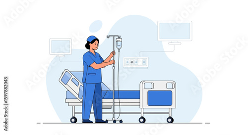 Nurse Adjusting Intravenous Drip In Hospital Room With Medical Equipment