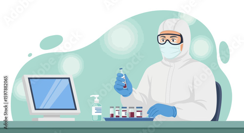 Scientist In Protective Suit Analyzing Blood Samples In A Laboratory Setting