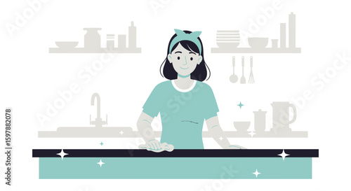Woman Cleans The Kitchen Counter With A Cloth In A Stylized Illustration