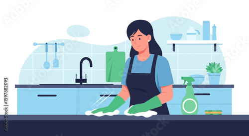 Woman Cleaning Kitchen Counter With Cloth For Hygiene And Maintaining A Healthy Home