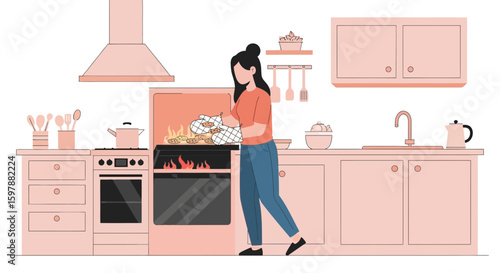 Woman Cooking Dinner At Home Vector Illustration On Kitchen Interior Background