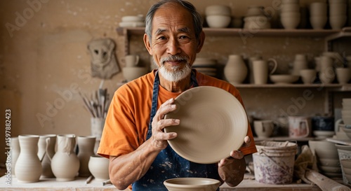 熟練の陶芸家、温かい光の中で自信満々に作品を見せる