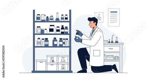 Scientist Inspecting Vial In Laboratory With Shelves Full Of Chemical Reagents