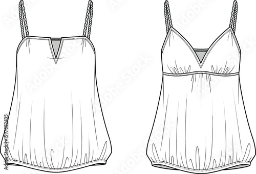 Women's camisole top flat sketch, rope strap tank design, front and back view, technical fashion drawing, loose fit apparel vector