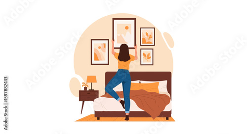 Woman Decorating Bedroom With Stylish Wall Art Adds Personal Touch