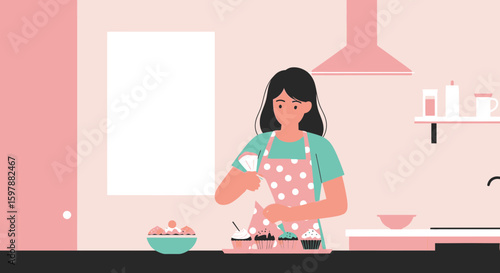 Woman Decorating Cupcakes In A Pretty Pastel Kitchen Illustration