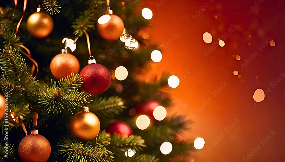 Festive Christmas Tree with Gold and Red Ornaments & Warm Bokeh Lights - Holiday Background Festive Christmas Tree with Gold and Red Ornaments & Warm Bokeh Lights - Holiday Background