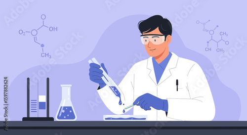 Scientist Performing Chemical Experiment In A Laboratory With Glassware
