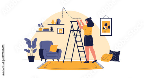 Woman Decorating Room With Lights For Celebration Festive Holiday Season