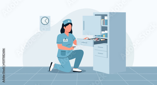Nurse Inspecting Medication Cabinet During Shift In Clinic Or Hospital Setting