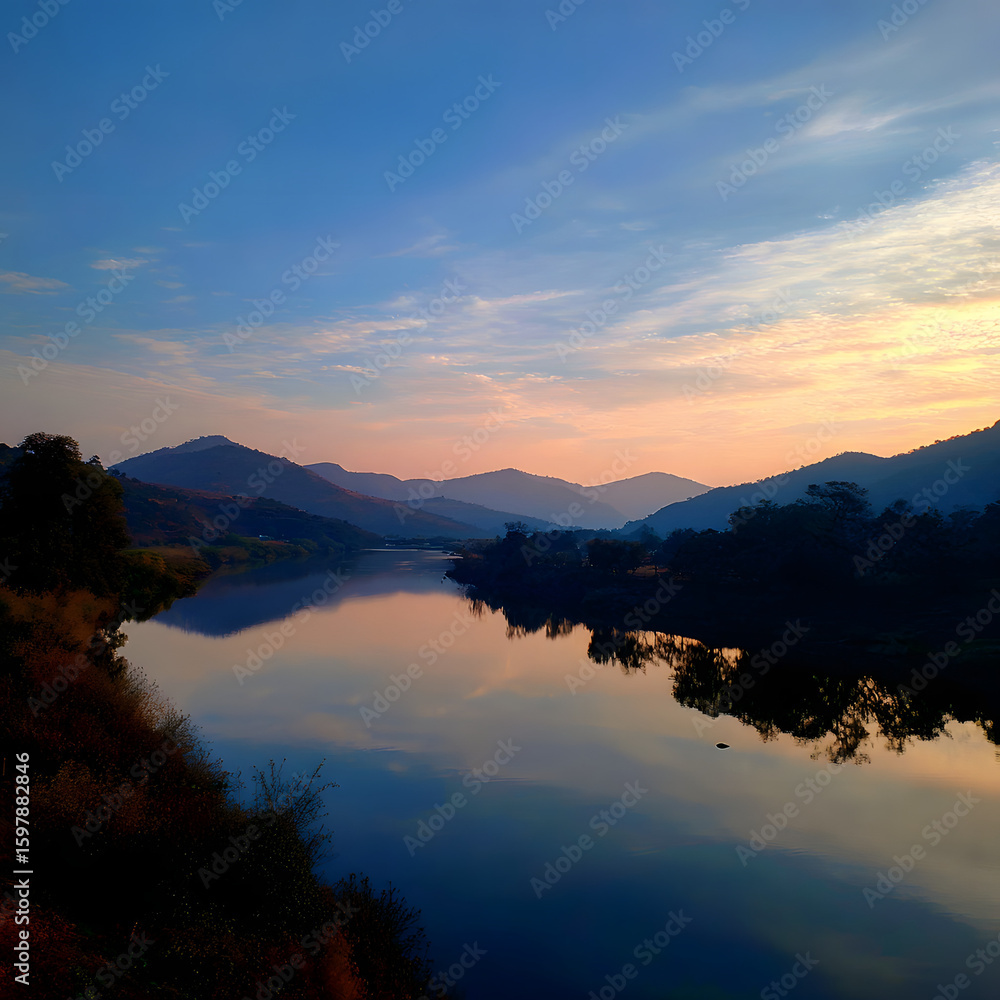Golden Sunset Over Mountains with River Reflection Golden Sunset Over Mountains with River Reflection