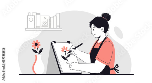 Woman Drawing Flower Illustration For Creative Hobby Or Artistic Occupation