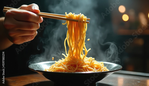 Aromatic hot noodles being served with chopsticks.