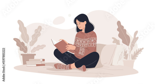 Woman Enjoying Cozy Indoor Reading Scene For Relaxation And Leisure Time