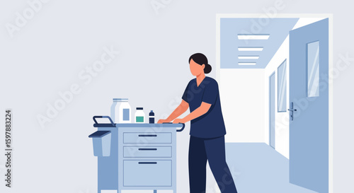 Nurse Pushing Medical Cart in Hospital Corridor Illustrative Healthcare Setting