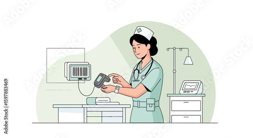 Nurse Scanning Barcode In Hospital Room For Medication Verification Process