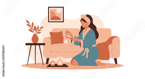 Woman Enjoys Evening Relaxation Routine With Candles And Essential Oil Diffuser