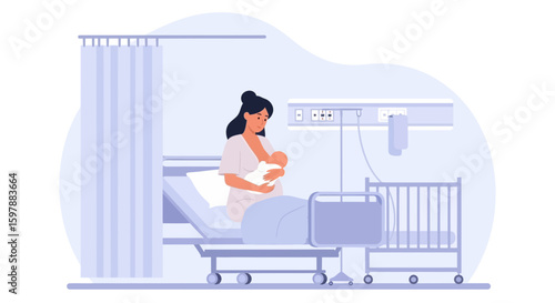 Nursing Mother And Newborn Resting In Hospital Bed After Childbirth Care