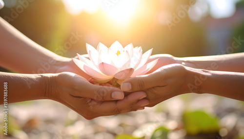 Two hands gently holding a glowing lotus blossom, a symbolic image of unity and open dialogue.