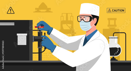 Scientist Working In Laboratory Environment With Safety Equipment And Chemical Process