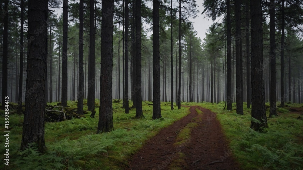 Obraz premium A tranquil forest path surrounded by tall pine trees, shrouded in mist, creating an ethereal atmosphere in nature.
