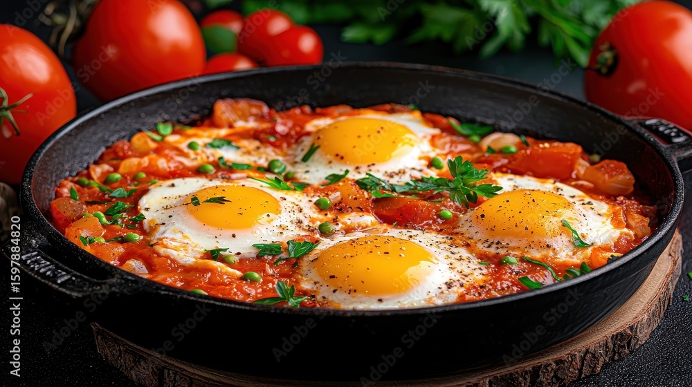 Four Sunny Side Up Eggs in Rich Tomato and Pea Sauce Four Sunny Side Up Eggs in Rich Tomato and Pea Sauce