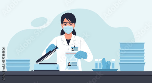 Woman In Lab Coat Sealing Evidence Bag With Documents And Samples